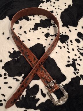 Tooled Brown Leather Belt with Silver Floral Buckle